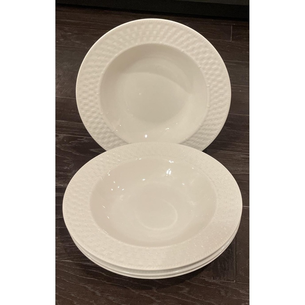 Oneida Wicker Basket Weave 9" Bowl Rimmed Soup Salad Pasta White Set Of 4